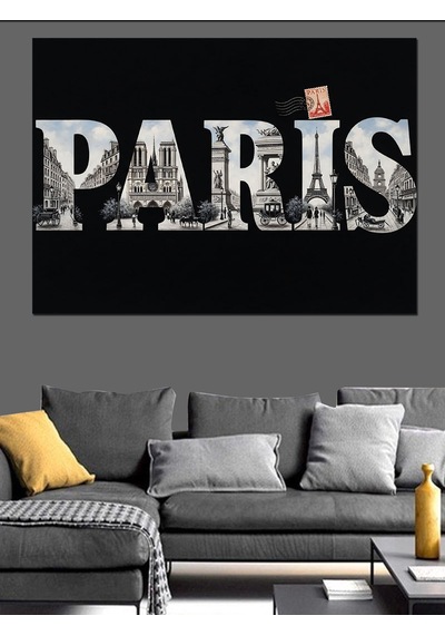 Eskitme Duvar Üzerine Paris Yazısı Dekoratif Kanvas - Mdf Ahşap Tablo
