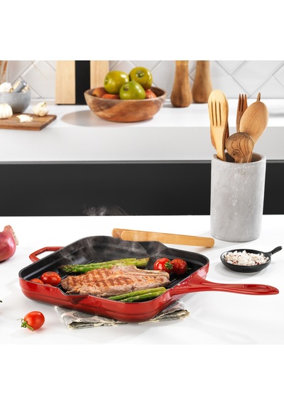 Schafer Guss Chef Döküm Kare Grill Tava 28x28 Cm 1 Parça-kırmızı Siyah