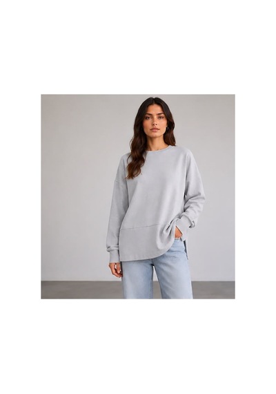 Herkesemoda Oversize/geniş Kalıp Yırtmaçlı Bisiklet Yaka Yumuşak Tuşeli Örme Sweatshirt Gri