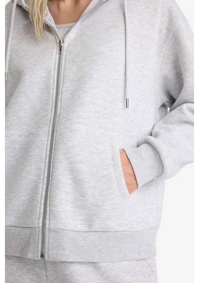 Defacto - Relax Fit Kapüşonlu Basıc Kalın Fermuarlı Sweatshirt C1809AX26SP Gri