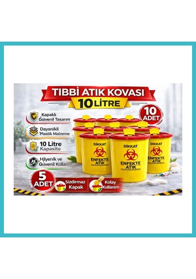 Bezos Atık Kovası 10 Litre 10 Adet Kapaklı Atık Kutusu Enfekte Atık Kovası Seti Dfnbez
