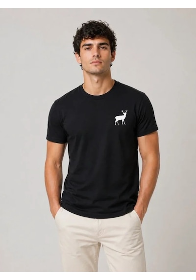 Veraura Lifestyle Erkek Minimal Geyik Logolu Tişört Bisiklet Yaka Kısa Kol Yazlık T-shirt - Siyah