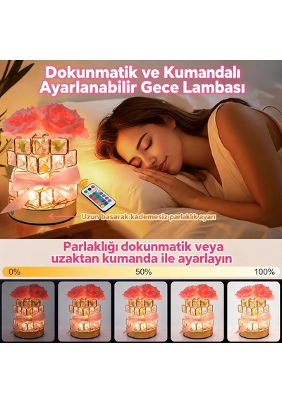 Kristal Cam Pembe Güllü Şarjlı Masa Lambası 4000 Mah Dokunmatik 3 Işık Modlu Dekoratif Gece Lambası