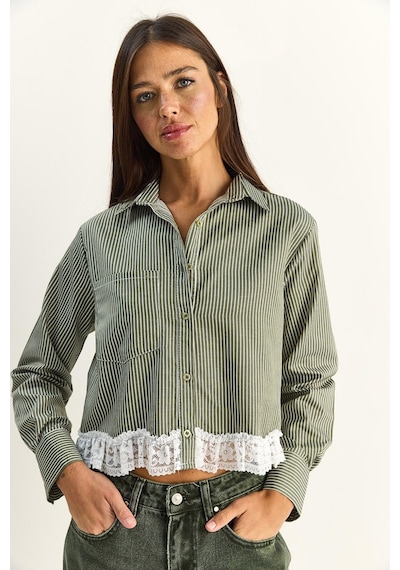 Shade Kadın Dantel Detaylı Çizgili Poplin Crop Gömlek Dg261023 60286099 - Haki