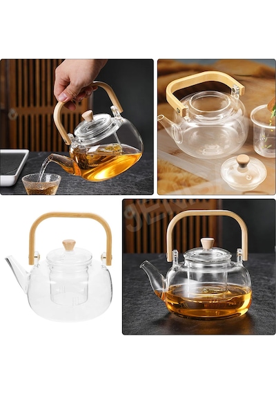 Ahşap Saplı Cam Filtreli Demlik 1000 Ml - Isıya Dayanıklı Cam Bitki Çayı Demlik Şeffaf
