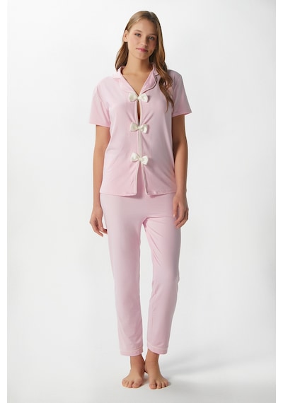 Ritnice Kadın Julia Pembe Fiyonklu Alt Üst Pijama Takımı Pembe