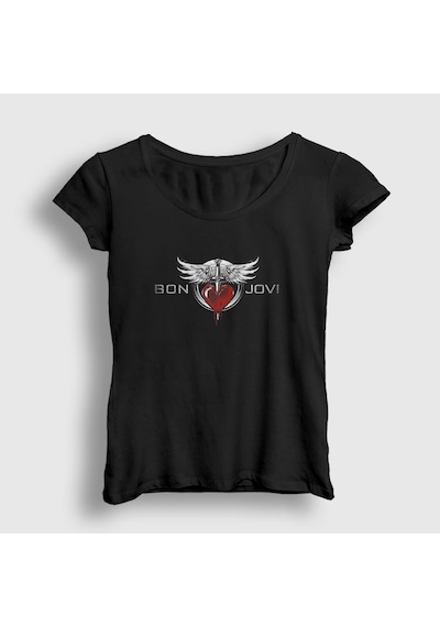 Presmono Kadın Heart Bon Jovi T-shirt Siyah