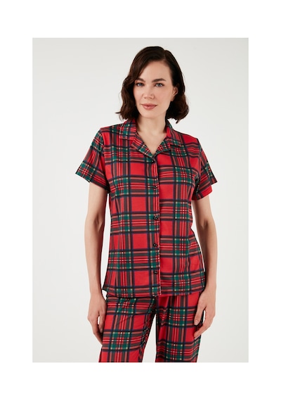 Lela Desenli Kısa Kollu Beli Lastikli Gömlek Yaka Dokuma Regular Fit Bayan Pijama Takımı 6571010 Kırmızı-Siyah