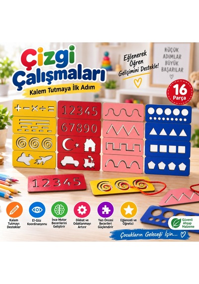Eğitici Ahşap Çizgi Çalışmaları Montessori El Kası Geliştirme