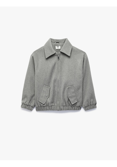 Koton Uzun Kollu Cepli Fermuarlı Crop Bomber Ceket Gri 7wkg20010aw