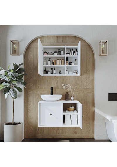 Lavabolu Mat Mdf 75 Cm Çekmeceli Dolabı + Aynalı Dolabı Beyaz Mat Beyaz