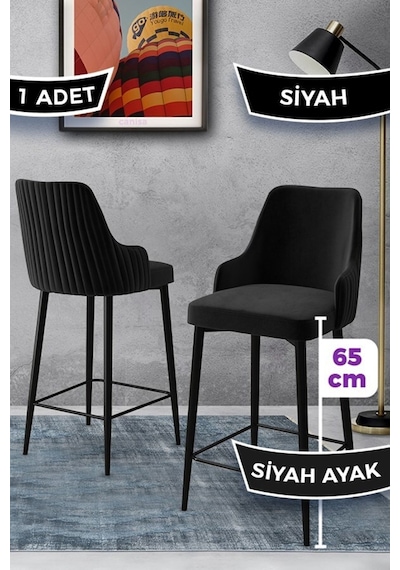 Canisa Tera Serisi 1 Adet 65 Cm Siyah Ada Mutfak Bar Sandalyesi Babyface Kumaş Siyah Metal Ayaklı Sandalyeler Siyah Ayaklar Siyah