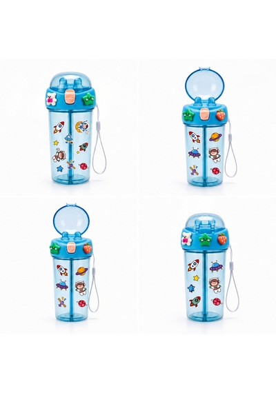 Heydiye Mâbeyn İkili Suluk 550 Ml Tritan Bpa-bps Free Matara, Çift Hazneli, Çift İçim Kapaklı, Bilek Ve Boyun Askılı, Sticker & 3d Figür Hediyeli Açık Mavi