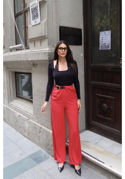 Kechi Woman Linda Twill Kumaş Kemer Detay Pantolon Kırmızı