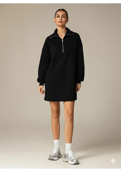 Afri 3 İplik Şardonlu Siyah Oversize Fermuarlı Tunik Sweatshirt - Günlük Spor Elbise Siyah