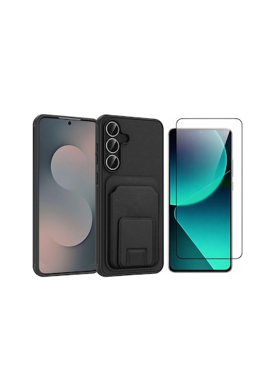 Vendas Samsung Galaxy Uyumlu S25 Fe Kılıf Kartlıklı Tpu Zore Bikart Kapak + Cam Ekran Koruyucu Siyah