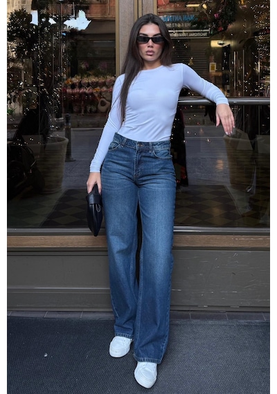 Mavi %100pamuklu Geniş Paça Kadın Wide Leg Jean Mg2623 Mavi
