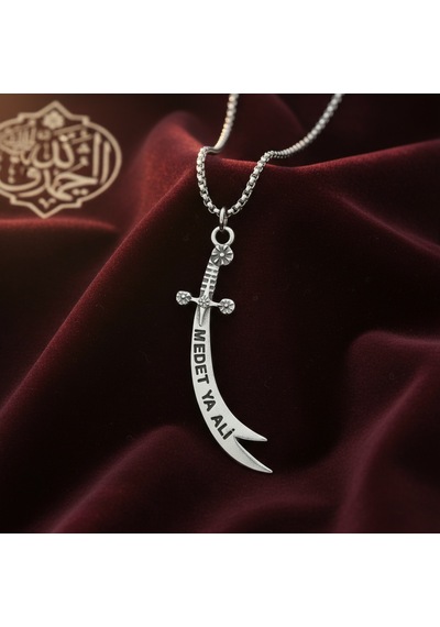 Koruyucu Zülfikar Kılıcı Gümüş Kaplama Örme Zincir Kolye Silver