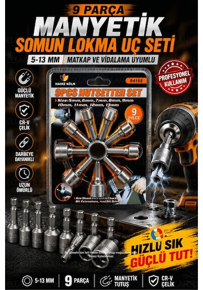 9 Parça Manyetik Somun Lokma Uç Seti 5-13 Mm Cr-v Çelik Matkap Ve Akülü Vidalama Uyumlu Hex Lokma Uç