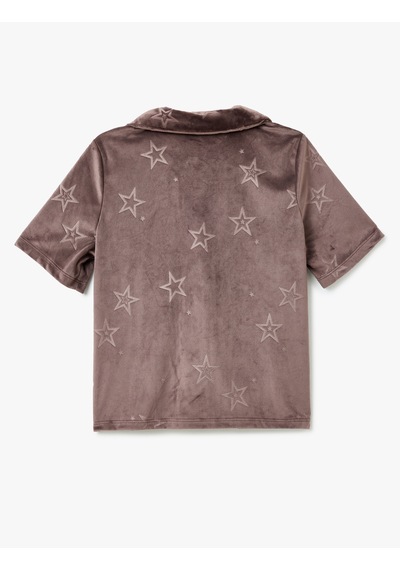 Koton Gömlek Yaka Yıldız Desenli Kısa Kollu Kadife Pijama Üstü Vizon 5wlk40146mk Vizon