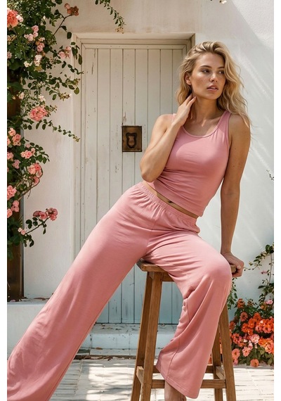 Siyah İnci Geniş Askılı Viskon Örme Pijama Takım 8012 Koyu Somon