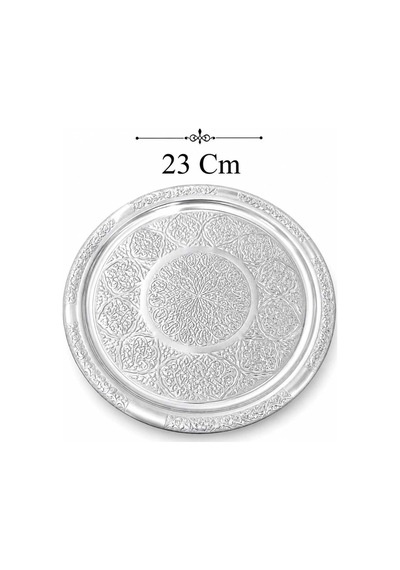 Gül Mutfak 23 Cm Paslanmaz Çelik Krom Sunum Tepsisi, Yuvarlak İşlemeli Servis Tabağı Inox