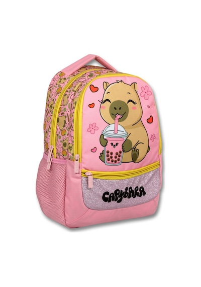 Capybara Pembe - Sarı Kız Çocuk Mutlu Capybara Baskılı İlkokul Okul Sırt Çantası - 6206 Çok Renkli