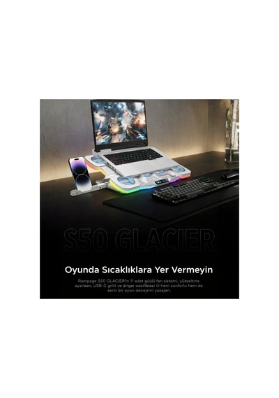 S50 Glacier Beyaz Rgb Işıklı 11 Fanlı Lcd Göstergeli 1 Type C 1 Usb Girişli Yükselebilen Notebook Soğutucu