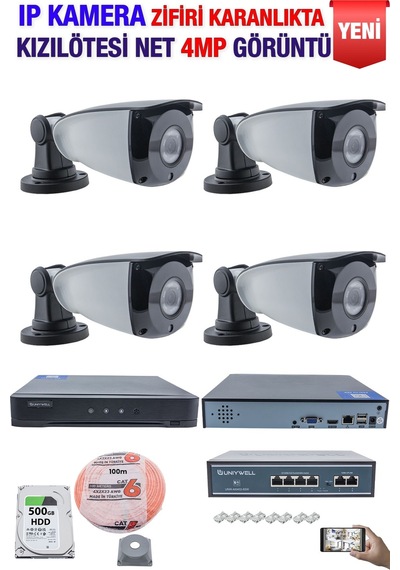 Ip Kamera Seti - 4 Ip Kamera - 10 Kanal Nvr - 4 Port Poe Switch, 500 Gb Disk, Gece Görüşlü Ir