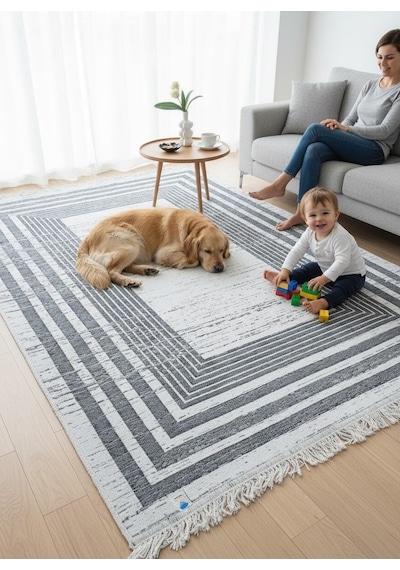 Kilim Çift Taraflı Bohem Seri Dokuma Kilim Gri-beyaz Çok Renkli