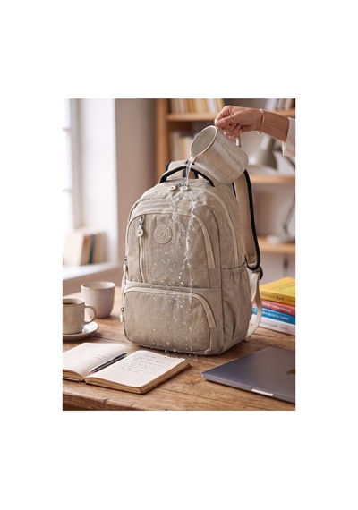 Gigi Luxe Unisex Su Geçirmez Çok Bölmeli Krinkıl Kumaş Okul Çantası Laptop Çantası Bej Bej
