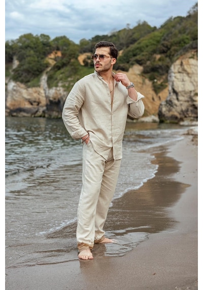 Madmext Bej Rahat Kesim Keten Erkek Gömlek Pantolon Takım E7362