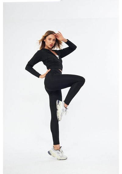 Lesa Wear Kapüşonlu Içi Polarlı Yumuşacık Şardonlu Kaşkorse Crop Likralı Sweatshirt Siyah