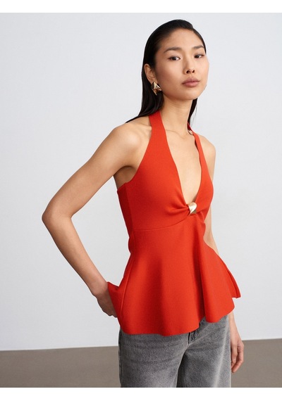 Dilvin 10787 Halter Yaka Peplum Triko Bluz-a.kırmızı