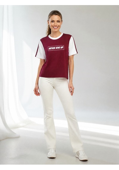 Nealirsanall.com "never Give Up" Baskılı Penye Tişört - Kontrast Kollu Spor Bluz Siyah