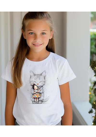 Aselinda Kedi Ve Kız Baskılı Beyaz Bisiklet Yaka Unisex Tişört Beyaz