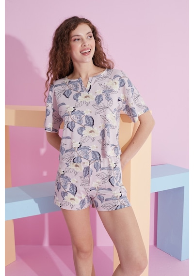 Siyah İnci Likralı Örme T-shirt-şort Pijama Takım 7809 Yaprak Desen