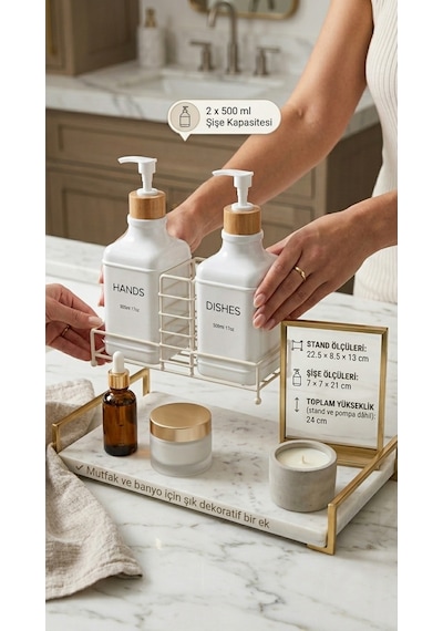 Makri Home Stantlı Bambu Kapaklı İkili Cam Sıvı Sabunluk & Deterjanlık Seti 2 500 Ml, 22,5 8,5 24 Cm Beyaz