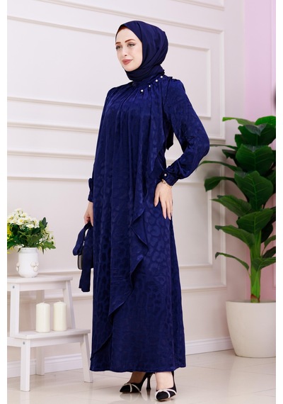 Kat Detaylı Eflan Saten Abiye-lacivert-4836 Lacivert