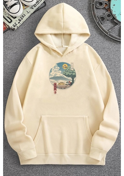 Uyguntarz Unisex Neighbor's Ukiyo E Baskılı Sweatshirt Bej