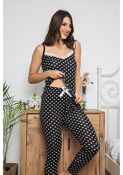 Myben Kadın Siyah Renkli Puantiyeli Dantel Detaylı Şortlu Ve Taytlı Pijama Takımı 3'lü Set 75004 Siyah