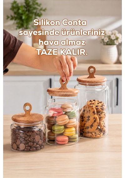Porsima 4469 Handmade Vakum Kapaklı 3lü Cam Kavanoz Seti Vakum Kapaklı Saklama Düzenleme Kabı Seti Şeffaf