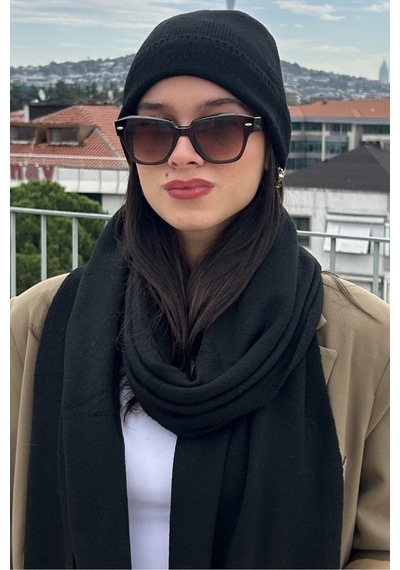 Mollycrush Kadın Kışlık Siyah Atkı Bere Seti Şık Örgü Set Siyah