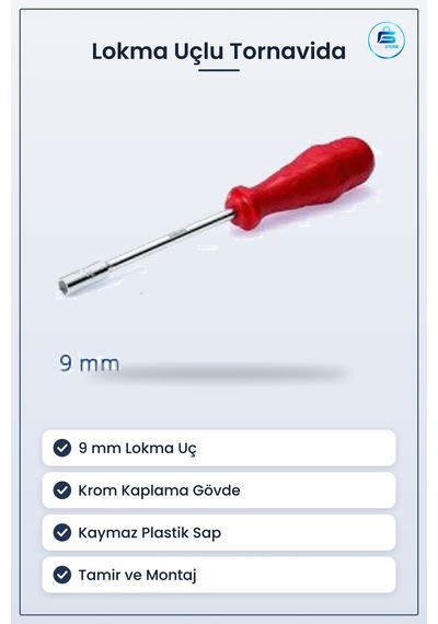 Lokma Uçlu Tornavida 9mm Alaşımlı Çelik Krom Kaplama Gövde Kaymaz