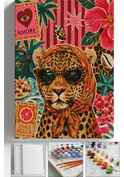 Sayılarla Boyama Seti Numaralı Tuval Fırça Boya Askı Aparatı Dahil Set 40x50 Cm - Gözlüklü Leopar