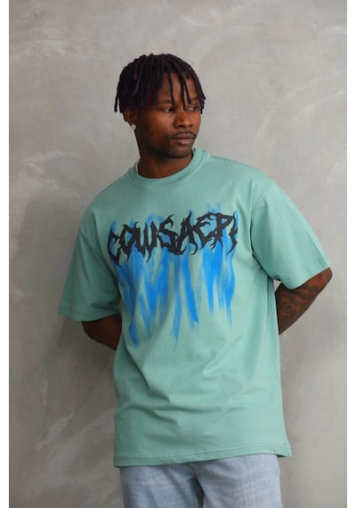 Barlashive Erkek Baskılı T-shirt Kısa Kol Bisiklet Yaka Rahat Kalıp Tişört - Mint Yeşili Çok Renkli