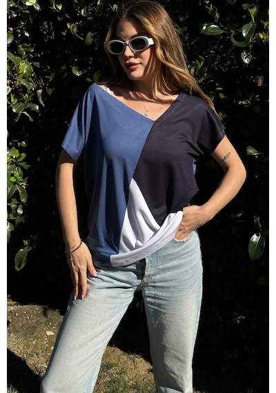 Kadın İndigo, Laci & Beyaz Kısa Kol, Color Block Tasarım, Salaş Bluz Indigo