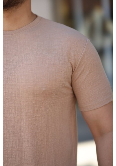 Veraura Lifestyle Erkek Ağaç Kabuğu Desenli Kısa Kollu T-shirt bej