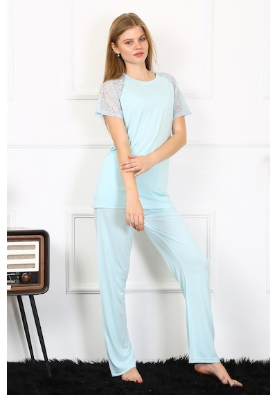Akbeniz Kadın Kolu Dantelli Penye Pijama Takım 4151 - S Su Yeşili