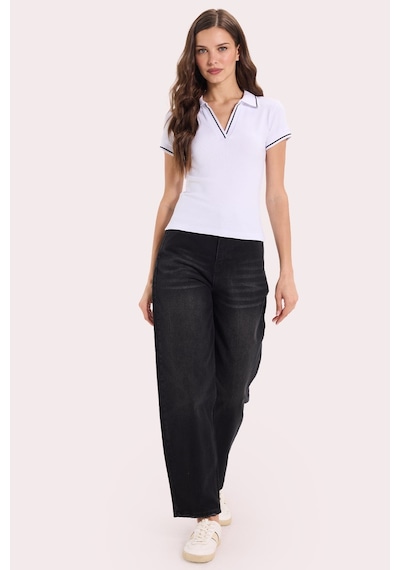 Tudors Kadın Slim Fit Dar Kesim Pamuklu Polo Yaka Kısa Kollu Beyaz Tişört-50461